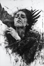 A monochrome drawing shows a woman closely intertwined with ravens, full of movement and emotion,