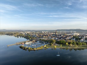Aerial view of the town of Radolfzell on Lake Constance in spring-like vegetation with the