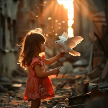 A little girl in ruins watches a pigeon land in a ray of the setting sun, destroyed houses, war,