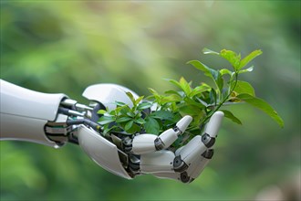 White artificial intelligence AI robot hand holding plants. KI generiert, generiert, AI generated