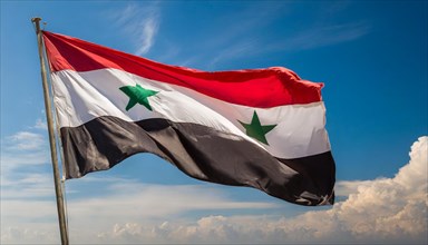 The flag of Syria flutters in the wind, isolated against a blue sky