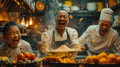 Asian Chefs laughing and having a fun time in a culinary kitchen with splashes of flour and other