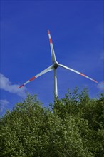 Wind turbine behind green trees at the Avacon substation Helmstedt, Helmstedt, Lower Saxony,