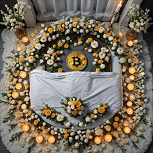 Creative conceptual image of a bitcoin symbol atop a flower-covered casket, symbolizing the end of