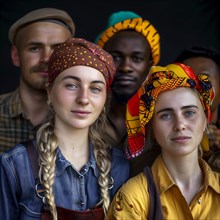 Three smiling friends with colourful headscarves look relaxed into the camera, group picture with