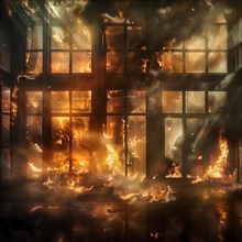 A building is in flames at night, visible through numerous glass windows, indicating complete