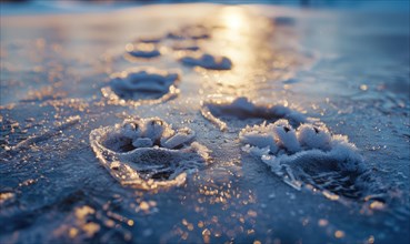 Close-up of animal footprints preserved in the frozen surface of a lake AI generated