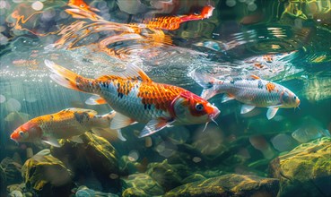 Close-up of colorful koi fish swimming in the clear waters of a spring lake AI generated