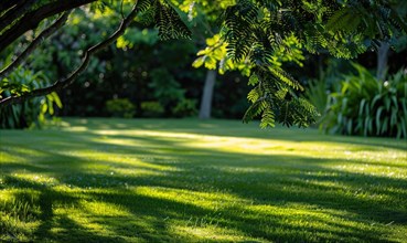 Laburnum tree branches casting shadows on a lush green lawn AI generated