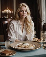 Beautiful blonde girl sitting at the table with a lot of food. ai generative, AI generated