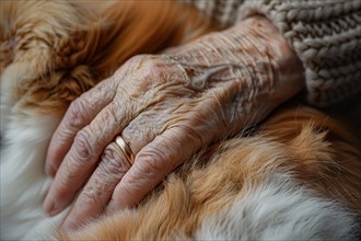 Close up of old senior person's hand in dog fur. KI generiert, generiert, AI generated