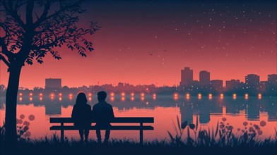 A couple enjoy a romantic moment on a bench against the night-time city backdrop, AI generated, AI