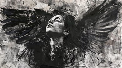 Intense emotional depiction of a woman with spread crow's wings, in black and white, raven woman,