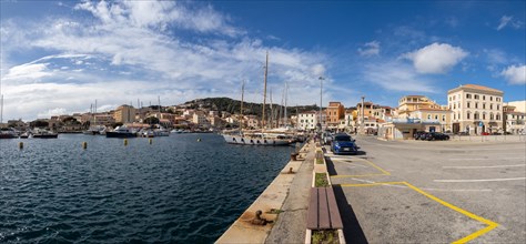 Boats in the harbour, panoramic view, Maddalena, Isola La Maddalena, Sardinia, Italy, Europe