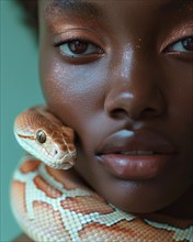 Close-up of a serene woman with freckles and a snake coiled around, blurry teal turquoise solid