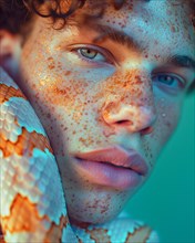 Portrait of caucasian red-haired male with freckles against aqua, blurry teal turquoise solid