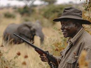 Elephant hunting in Africa, AI generated