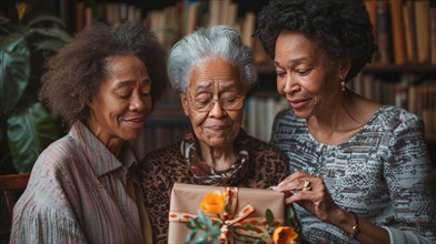 A heartfelt moment of gift-giving among three generations of women indoors, AI generated