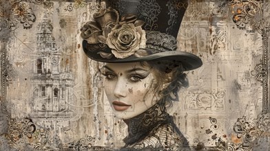 A steampunk-inspired vintage portrait of a woman adorned with a hat and rose accents, ai generated,