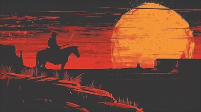 Silhouette of a cowboy on horseback with a backdrop of a monochromatic red dusk landscape, ai
