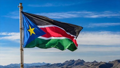 The flag of South Sudan, fluttering in the wind, isolated, against the blue sky