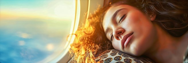 Woman sleeps comfortably with her head at the aircraft window in the warm light shining in from