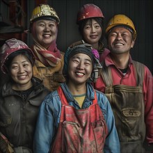 Cheerful group of workers with helmets laughing and posing for a photo, group photo with