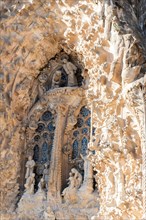 Birth facade of the Sagrada Familia basilica, Roman Catholic basilica by Antoni Gaudi in Barcelona,