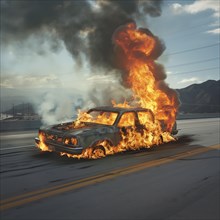 A car is burning on an empty street, surrounded by fire and smoke, AI generated