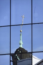 Cross of the Kreuzkirche Dresden, reflection, Saxony, Germany, Europe