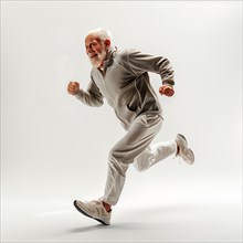 Dynamic older man in grey jogging clothes runs on light background, start running, start,