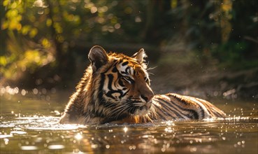 An Amur tiger bathing in a shallow stream AI generated