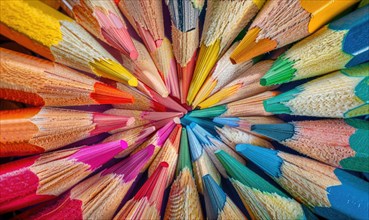 An overhead shot of colored pencils arranged in a pattern, abstract background with colored pencils