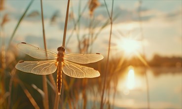 Close-up of a dragonfly perched on a reed AI generated