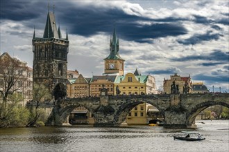 Sightseeing, boat trip, statues, church, flag, Charles Bridge Prague, Prague, Czech Republic,