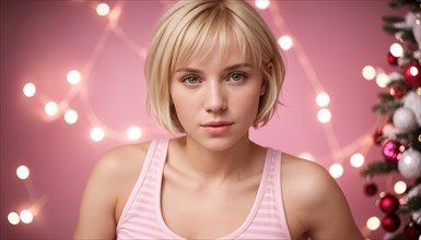Beautiful young woman in a white T-shirt on a pink background. ai generative, AI generated