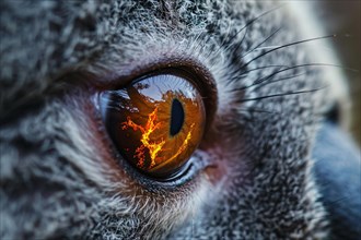Close up of Koala bear's eye with reflection of burning forest. KI generiert, generiert, AI