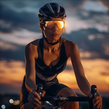A determined cyclist rides against the backdrop of a dramatic evening sky, AI generated