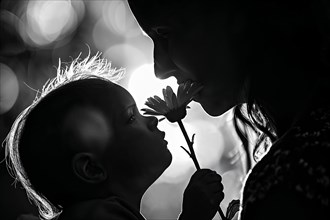 Mother's Day, Tender moment between a child and the mother with a flower in black and white,
