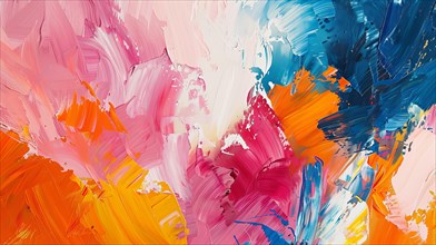 Expressive and vibrant abstract painting with rich texture in pink, blue, and orange on canvas, ai