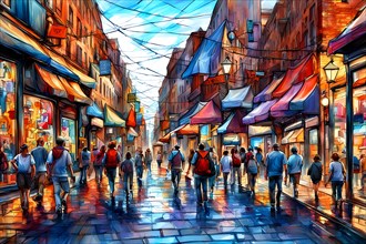 AI generated urban street with bustling city life and digital art