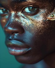 Mystic portrait of a dark-skinned non binary individual with golden glitter and snake, exuding