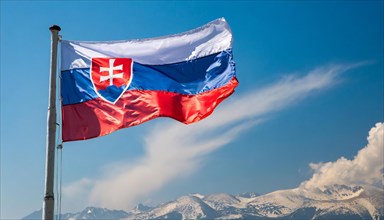 The flag of Slovakia flutters in the wind, isolated against a blue sky