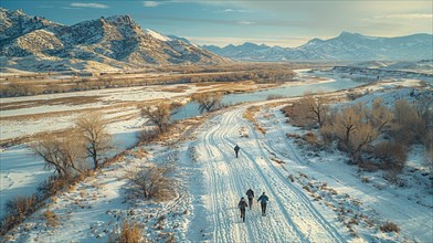 Two people trekking through a snowy landscape with a winding river and distant mountains, AI