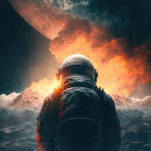 Astronaut from behind witnesses the collision of a satellite on the planet. Generative AI image, AI