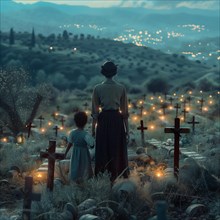 A mother and child looking at a cemetery at dusk with many lights, war, war graves, military