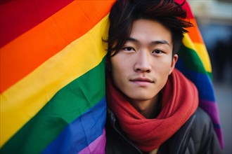 Young Asian man with colorful LGTB rainbow flag. KI generiert, generiert, AI generated
