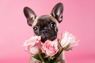 French Bulldog with romantic pink roses. KI generiert, generiert, AI generated