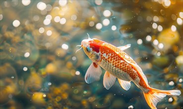 Close-up of a koi fish gliding through the clear waters of a pond AI generated