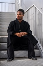 Vertical portrait of a stylish african handsome model sitting on stairs wearing winter black
